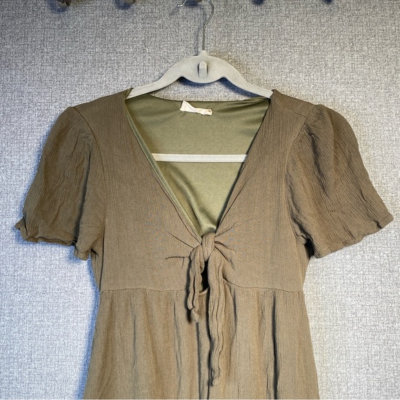 Altar’d State Small Women’s Babydoll Tiered Mini Dress Front Tie Olive Green - Picture 2 of 6